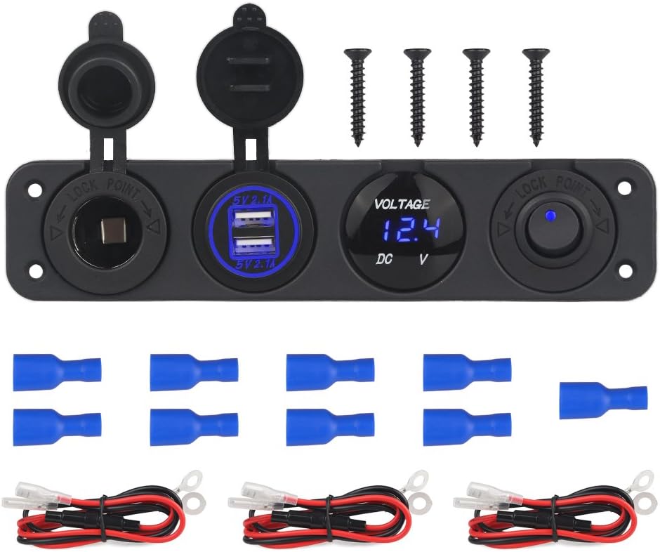 WATERWICH 2 3 4 Hole Marine Illuminated Toggle Rocker Switch Panel Waterproof Ignition Rocker Switch 12V-24V Volt Meter for RV Car Boat Trailer Vehicles Truck Yacht SUV (Four Hole Single Row Blue)