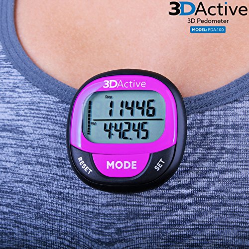 3DActive 3D Pedometer PDA-100| Best Pedometer for Walking with 30-Days Memory. Accurate Step Counter, Calorie Counter, Distance Miles/Km & Daily Target Monitor. (Black/Magenta)
