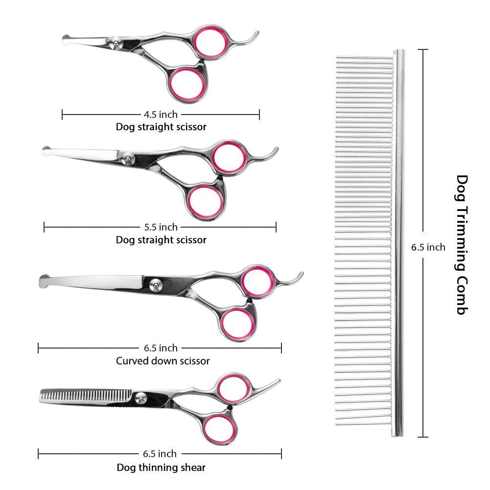 5 PCS Pet Grooming Scissors Kit,Professional Dog Cat Grooming Scissors Include Grooming Comb & Cutting&Curved&Thinning Shears with Safety Rounded Tips