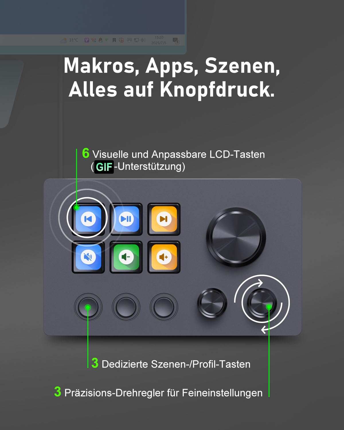 Basicolor N3 Stream Controller Deck mit 6 LCD-Makrotasten, 3 Buttons & 3 Drehreglern – Programmierbare Tastatur für Streaming (YouTube, OBS, Twitch), Kreation, Produktivität (Office) & Gaming (Mac/PC) 2