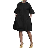 Choichic Button Down Shirt Dresses for Women with Pockets Flare Bell Sleeve A-Line Midi Tunic Dress