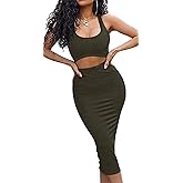 GOBLES Women's Sexy Summer Outfits Bodycon Tank Top Midi Skirt 2 Piece Dress Olive