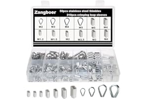 ZANGBOER 360PCS Stainless Steel Thimbles Aluminum Crimping Loop Sleeve Assortment Kit for 3/64'' 1/16'' 5/64'' 3/32'' 3/16'' Diameter Wire Rope Cable Thimbles Rigging (360pcs Assortment kit)