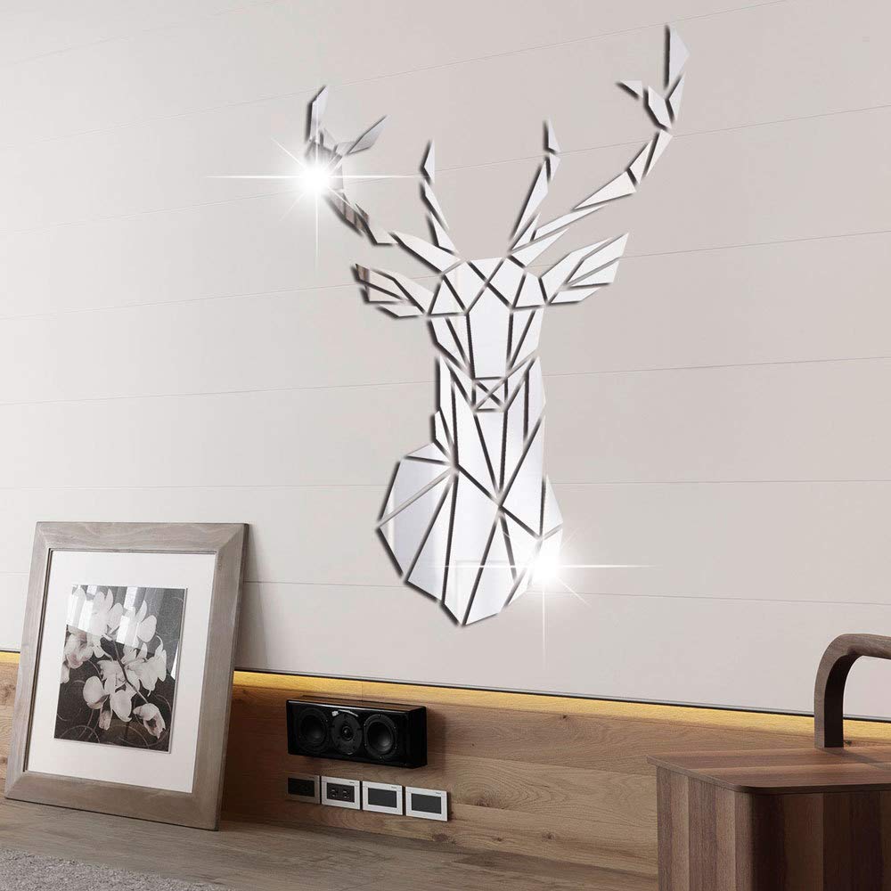 Hosoncovy Acrylic Cartoon Deer Head Mirror Wall Stickers Mirror Art DIY Home Decorative Dog and Cat Pet 3D Wall Art Decor for Home Living Room Bedroom Wall Decoration (Silver, L)