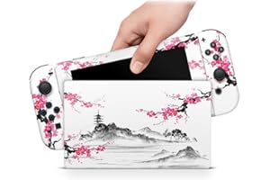 ZOOMHITSKINS Compatible with Switch Skin Anime Cover Japanese Asian Temple Cherry Blossom Flower Nature Pink Samurai 3M Vinyl Decal Sticker Wrap, Made in The USA