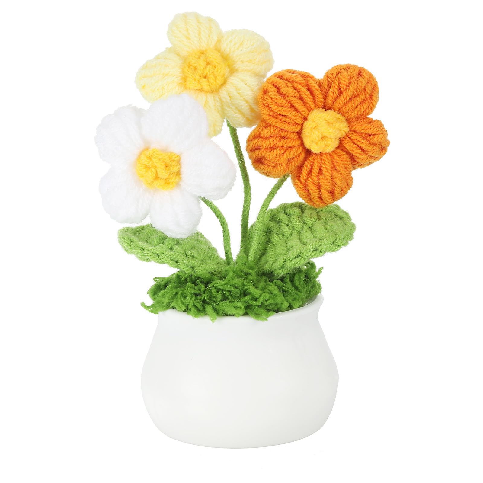 PATIKIL Crochet Flowers Potted, Handmade Knitted Mini Potted Plants Puff Knitting Artificial Flowers for Valentine's Gifts Home Office Tables Decoration, White Yellow