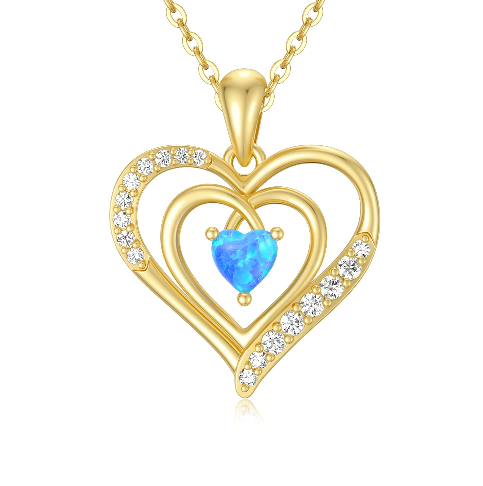 SISGEM 9 ct Gold Opal Necklace, Solid Yellow Gold Mother and Daughter Necklace with Double Heart Pendant, for Women Girls Ladies Mum Sisters, 16"+1"+1"