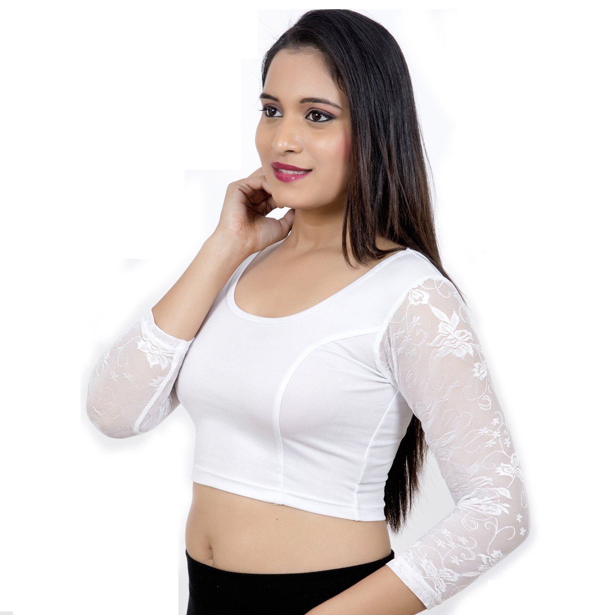 rinkoo white 3/4th sleeves stretchable lycra saree blouse for women