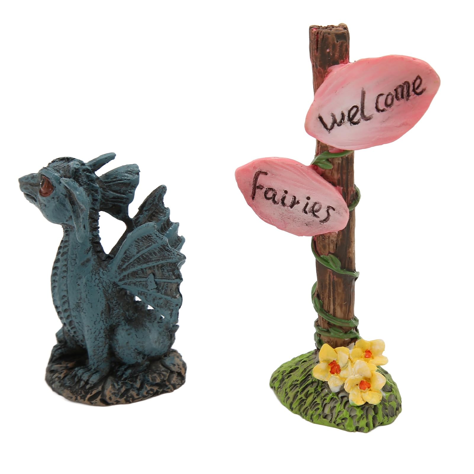 Miniature Dragon Signpost Statue Set Resin Fairy Figures Garden Lawn Balcony Decoration