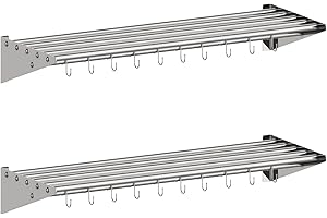RIEDHOFF 2 Pack Metal Kitchen Rack for Storage and Organization, [NSF Certified] 12" x 36" Stainless Steel Wall mount Shelf with 10 S Hooks for Hanging Pots, Pans, Cookware in Home and Restaurant