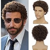 Tseses Mens Brown Curly Wigs Short Afro Rocker Wig Synthetic Daily Cosplay Party Costume Hair Wigs for Male Guys