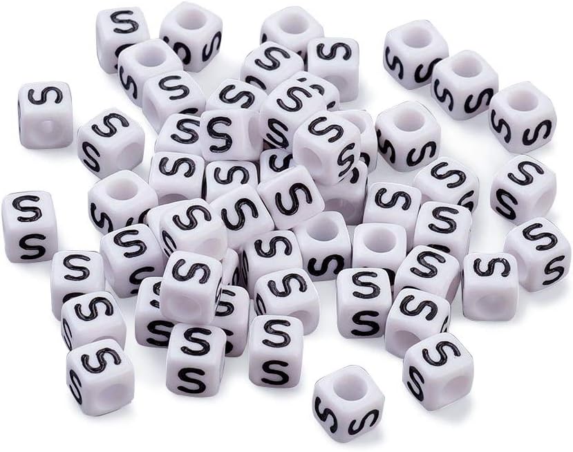 FASHEWELRY300Pcs Cube White Acrylic Letter Beads 6x6mm Letter S Alphabet Beads for DIY Bracelet Necklace Jewelry Making