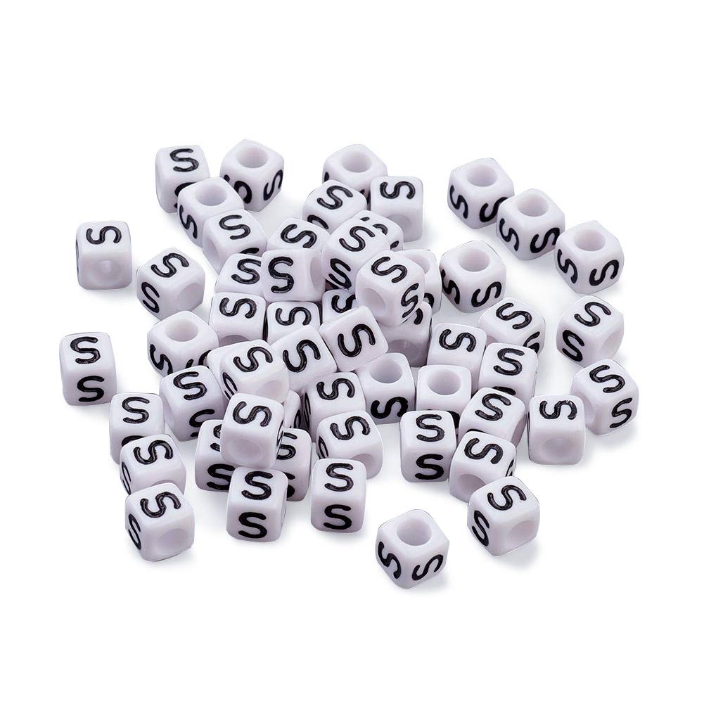 FASHEWELRY300Pcs Cube White Acrylic Letter Beads 6x6mm Letter S Alphabet Beads for DIY Bracelet Necklace Jewelry Making
