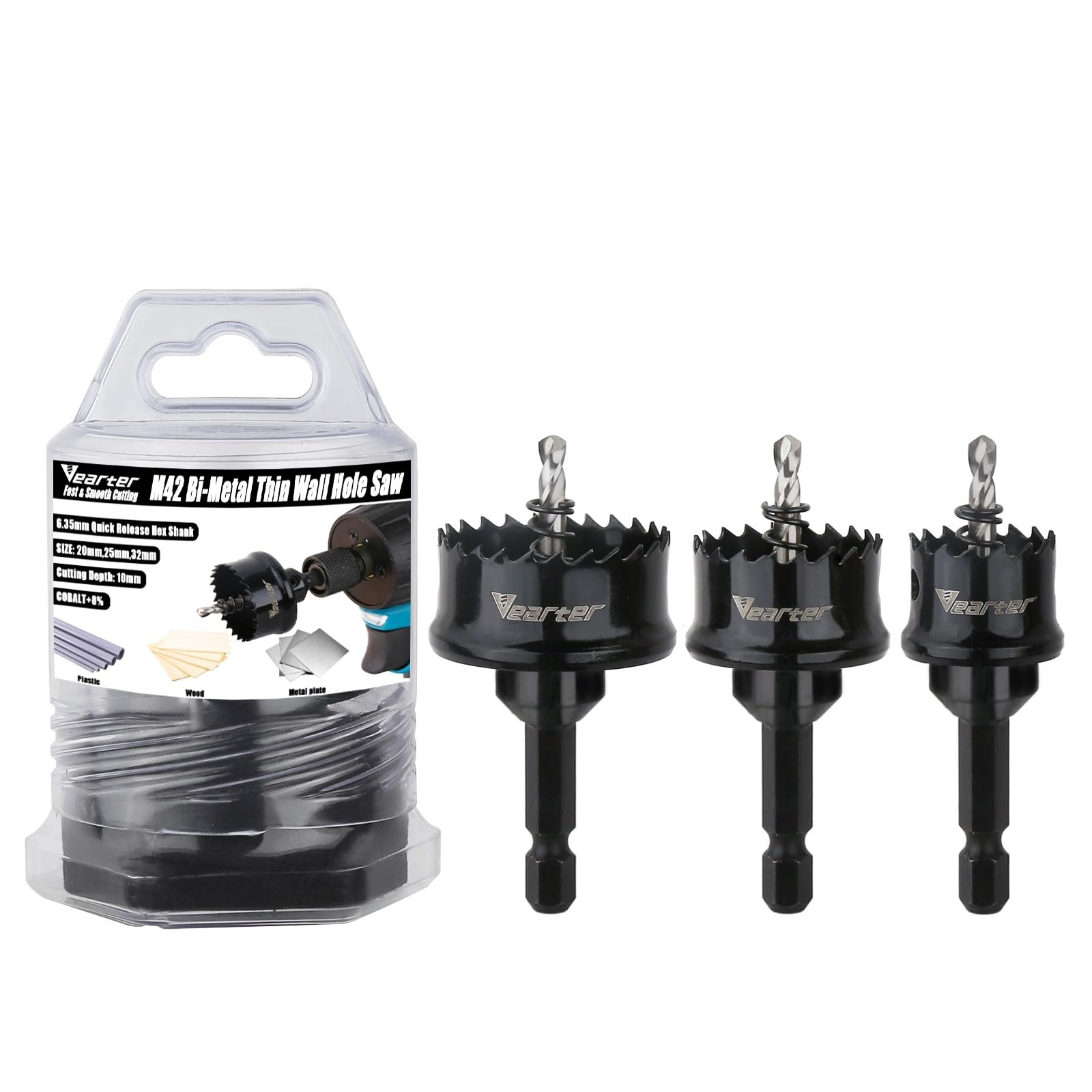 Vearter Bi-Metal Hole Saw Sets 3PCS, 20-32mm Cobalt M42 Bimetal Circular Hole Drill Kit Hex Shank, Thin Wall Wood Drill with Arbors, for Wood, Metal, Copper, Plaster, PVC, Steel Plate, Drywall