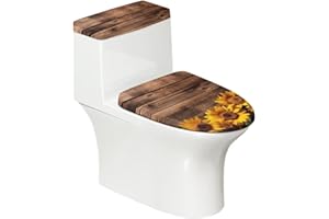 NETILGEN Toilet Lid Cover and Toilet Tank Lid Cover 2 PCS, with Elastic Edges Bathroom Decor Accessories Fit for Most Round Elongated and Oblong Lids, Sunflower Wood Grain