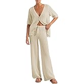 Imily Bela Women's Summer 2 Piece Swimsuit Cover up Crochet Knit Cardigan Tops Long Pants Set Bathing Suit Beach Outfit