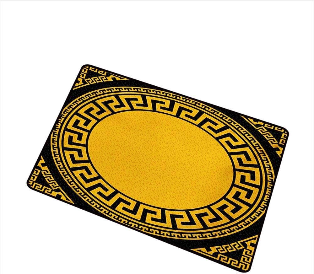 Kinhevao Greek Key Inlet Outdoor Door mat Sun Inspired Big Circle with Antique Fret and Triangular Ornaments Catch dust Snow and mud,Charcoal Grey Marigold Bath Mat