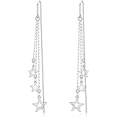 Sterling Silver Threader Earrings with Crystal Cubic Zirconia Flower Star Heart Butterfly Tassel Long Charm Drop Dangle Earrings Jewelry Gifts for Women Girls