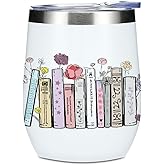 Wine Tumbler, 12 oz Coffee Mug Travel Insulated Cup Vacuum Wine Glass with Lid, Book Lovers Gifts Birthday Christmas Anniversary Reading Book Accessories Bookish Librarian Gifts for Women Wife