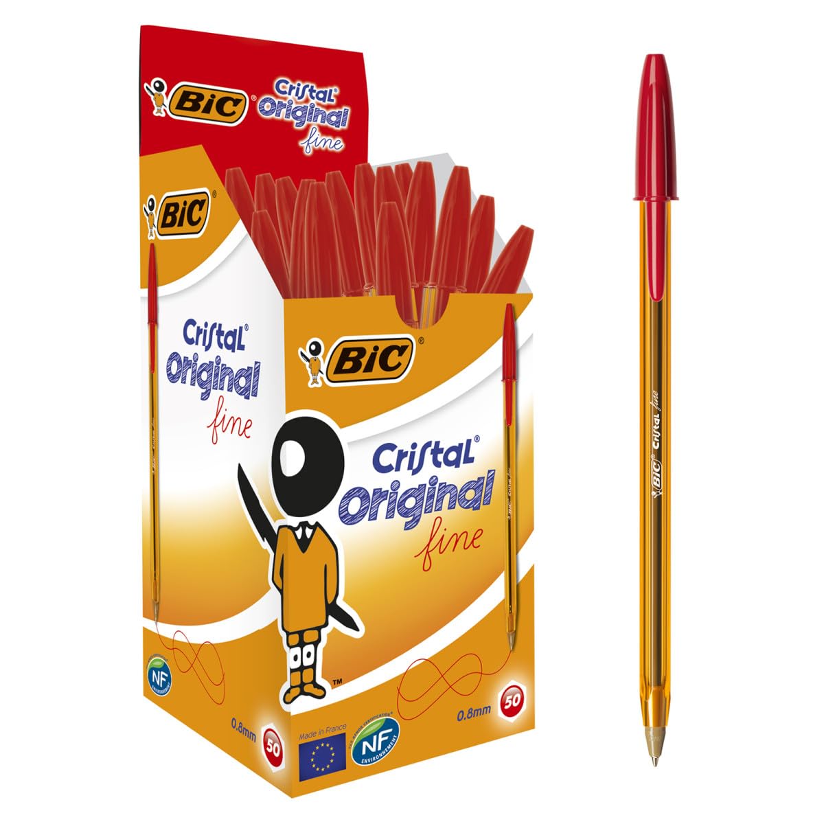 BIC Cristal Fine Ballpoint Pens - Red - Large Box Of 50 Fine Point (0.8 Mm) Long-Lasting Pens Office