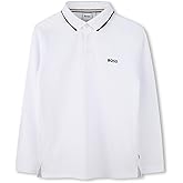 BOSS Boys Long Sleeve Polo Shirt Pique Knit Cotton School Uniform, Button Closure with Striped Collar