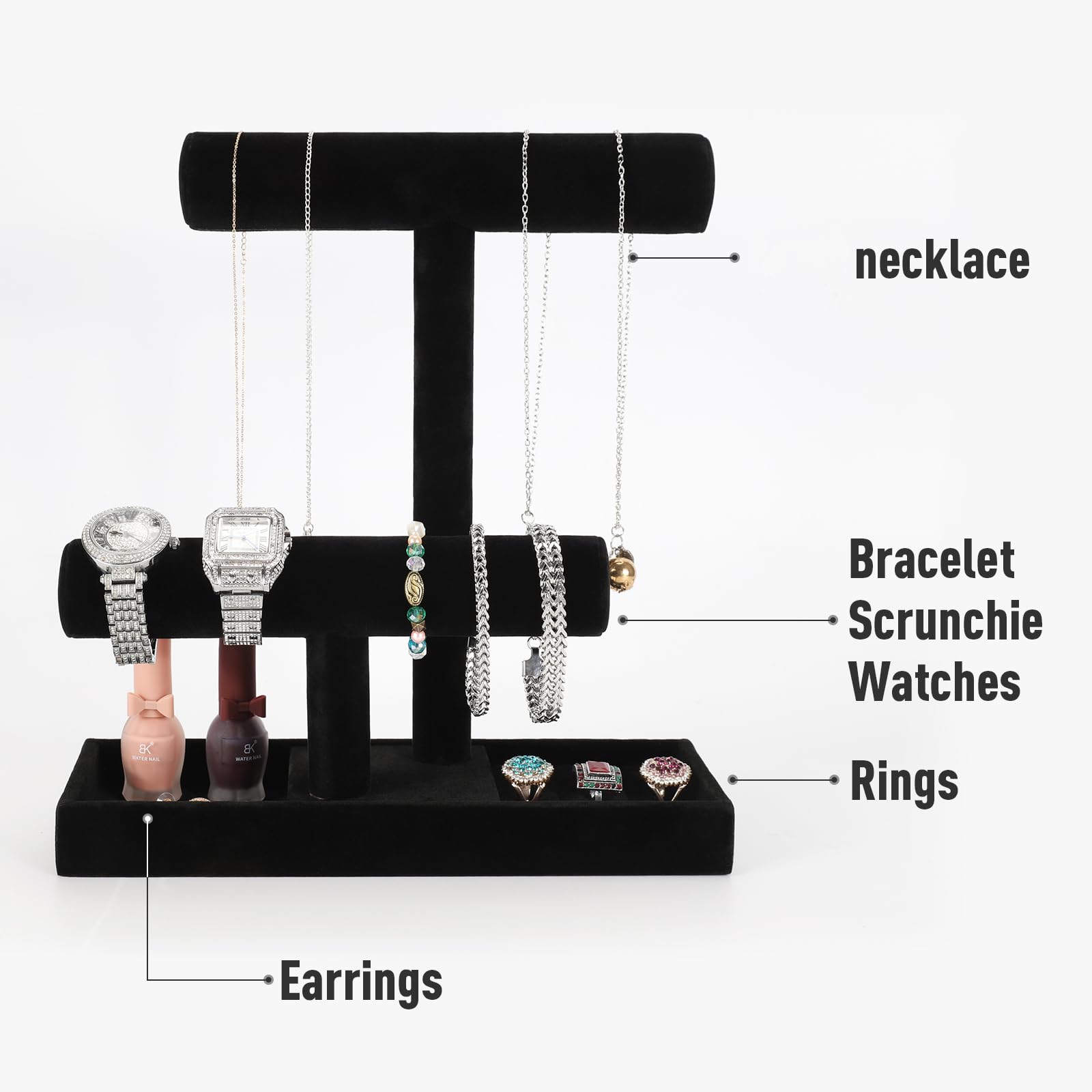 ByKen Jewelry ByKen Necklace Holder,Bracelet Holder,Jewelry Organizer Stand with Earrings Rings Tray,Jewelry Holder for Scrunchie Watches (Black Velvet)