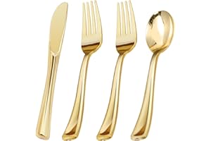 BESTVIP 60PCS Gold Plastic Silverware, Disposable Utensils, Heavy Duty Cutlery Set of 30 Forks, 15 Spoons, 15 Knives for Party, Thanksgiving, Christmas, Wedding, Catering and Daily Use