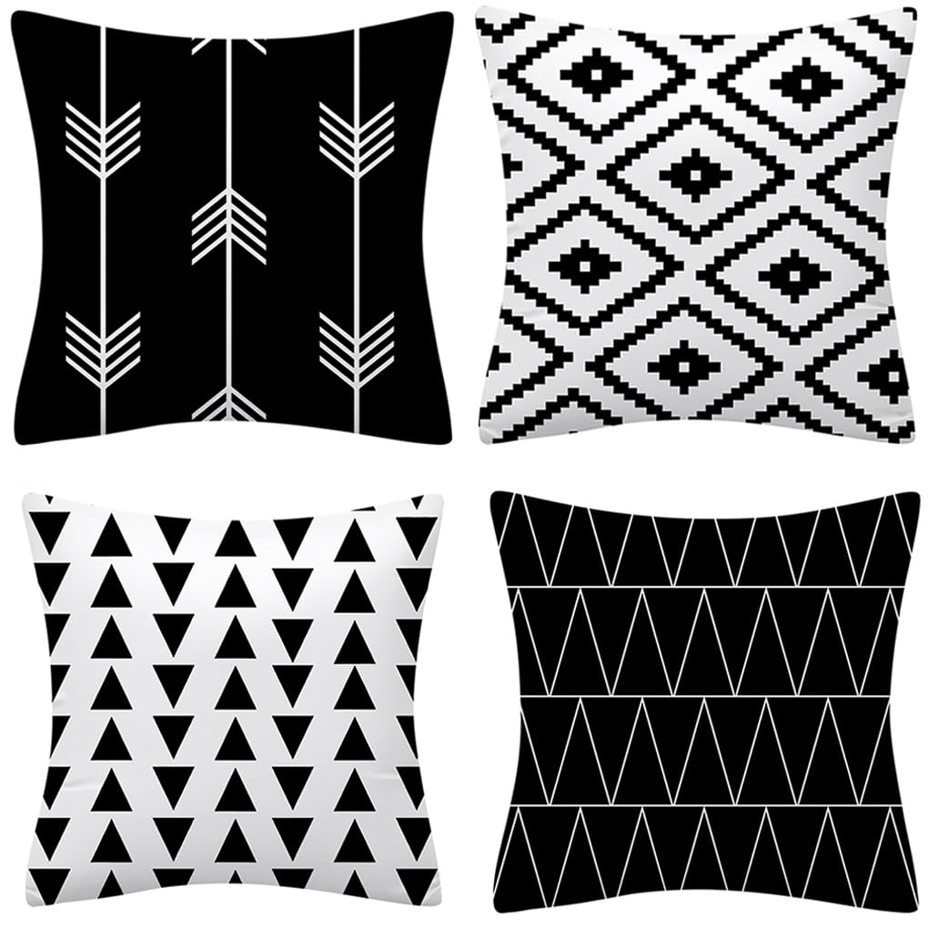 DILOXNSU Set of 4 Black and White Cushion Covers 45 x 45 cm Decorative Square Geometry Soft Velvet Pillow Cases 18 x 18 Inch for Sofa Chair Bed Living Room Outdoor Patio Garden — image 1