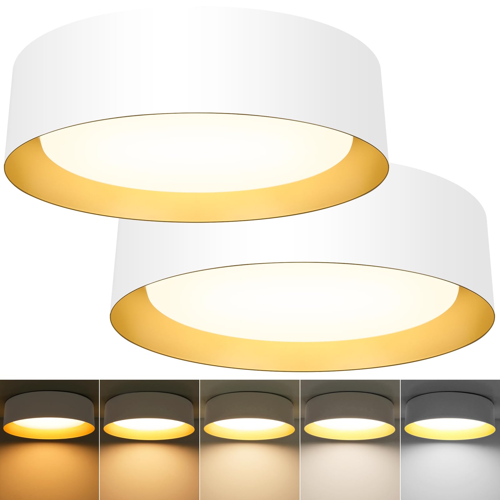 Photo 1 of BrightHome Flush Mount Ceiling Light White, 13in 2600LM 25W, LED Ceiling Light Fixture 5CCT 2700K 3000K 4000K 5000K 6000K, Dimmable Ceiling Lamp for Bedroom Hallway, 2 Packs, White and Gold