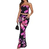 Goafuliy 2 Piece Skirt Sets for Women Summer, Floral Sleeveless Tube Top Bodycon Maxi Skirts Y2k Vacation Going Out Outfits