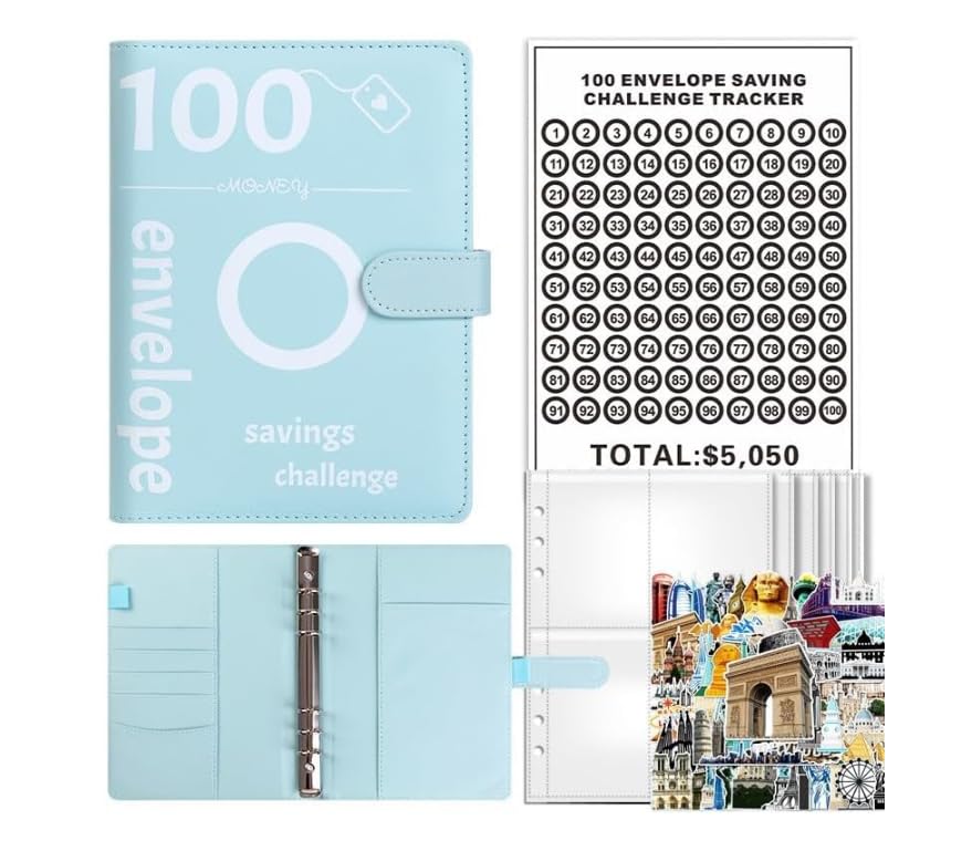 100 Envelopes Saving Challenge,Savings Book with Cash Envelopes Fun Budget Challenges for Money Easy Budget Binder Organizer for Couples Offices Home School (Blue, Travel)