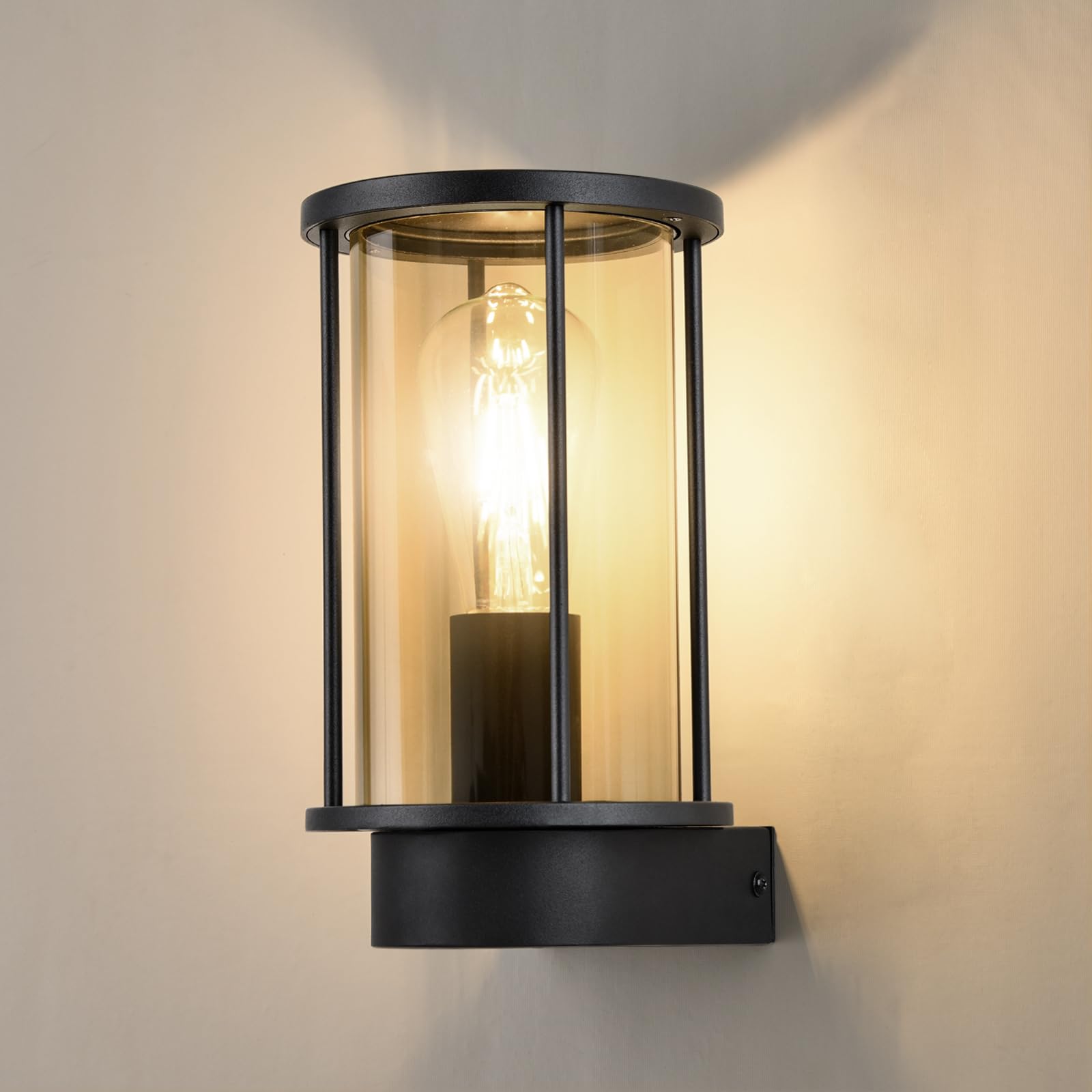 BRIMMEL Outdoor Wall Lights Waterproof Anti-Rust Wall Lamp Aluminium Matte Black Garden Wall Sconce Mains Powered E27 Base Glass Outside Lantern for Entryway Patio Garage Porch, Bulb not Included