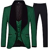 YFFUSHI Men's 3 Piece Suit Slim Fit Jacquard Tuxedo 1 Button Shawl Collar Blazer Vest & Pants for Wedding Formal Prom