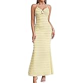 HTZMO Women Elegant Summer Casual Bodycon Maxi Dress Sexy V Neck Halter Ruffle Wedding Guest Formal Long Dresses