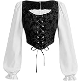 OYOANGLE Women's Floral Jacquard Lace Up Lantern Long Sleeve Blouse Vintage Renaissance Crop Tops