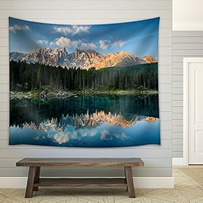 Lake with Mountain Forest Landscape Lago Di Carezza - Fabric Wall Tapestry Home Decor - 51x60 inches