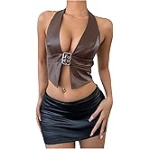 MakeMeChic Women's PU Leather Going Out Top Buckle Y2K Halter Crop Corset Party Clubwear