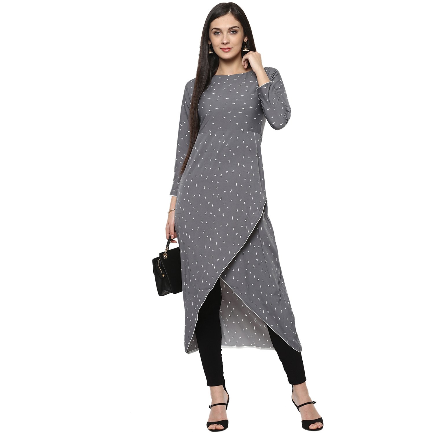 ives straight grey polyester animal print printed casual kurti for women