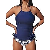 CUPSHE Women's Tankini Sets Two Piece Swimsuit High Neck Halter Mid Rise Adjustable Drawstrings