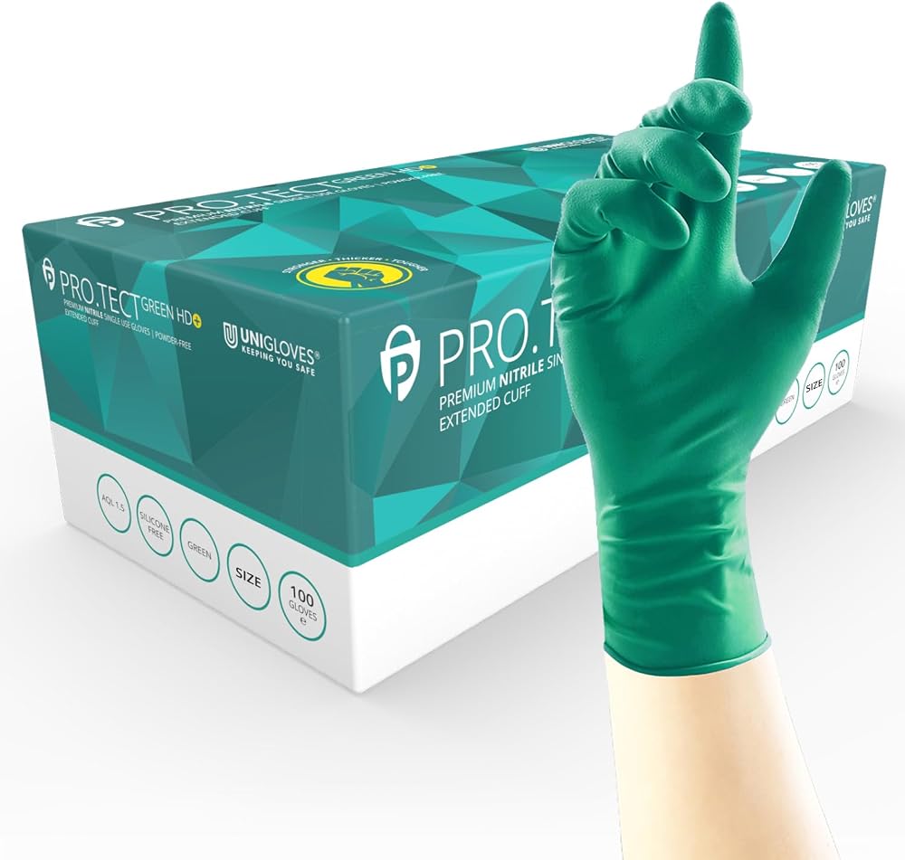 UNIGLOVES PRO.TECT Green HD+ Nitrile Extended Cuff Ultra Heavy Duty Powder Free