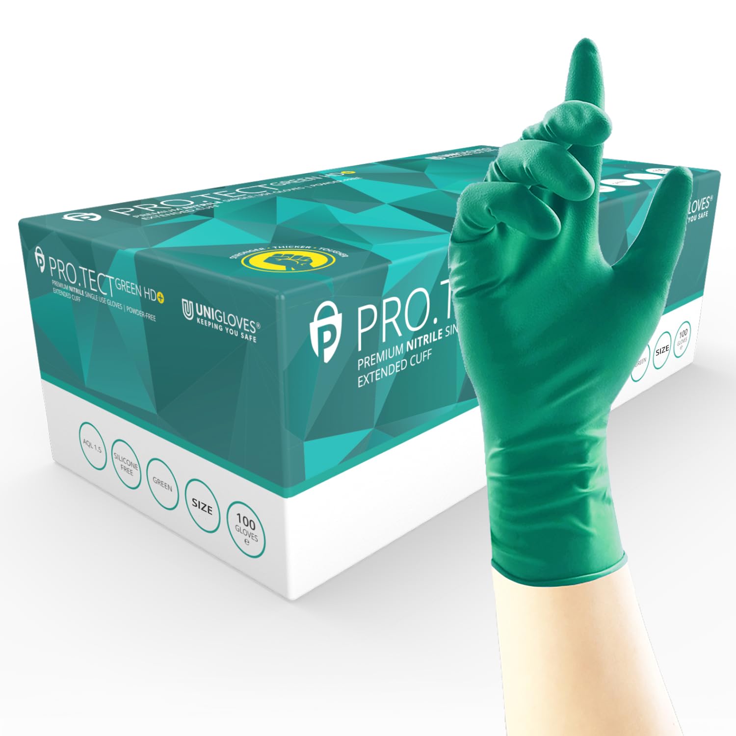 UNIGLOVES PRO.TECT Green HD+ Nitrile Extended Cuff Disposable Gloves - Ultra Heavy Duty, Single Use, Multipurpose, Powder Free, Box of 100 Gloves, Size Extra Large (GA0095)