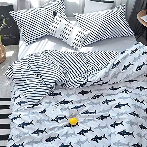 BuLuTu Blue Grey Shark Twin Kids Boys Bedding Duvet Cover Set Cotton