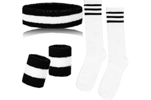 Sucrain 5 Pieces Striped Sweatbands and Socks Set, Sports Sweatbands Wrist Sweat Bands Red, White& Blue High Tube Socks 80s Accessories Costumes for Men Women