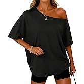 LEEDYA Off The Shoulder Tops for Women Summer Oversized Sexy Short Sleeve T Shirts Casual Loose Batwing Tunic Top