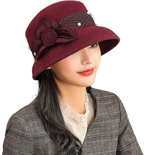Amazon Fadves ウール帽子 レディース フェルトハット ウールハット ベレー帽 ボーラーハット 花飾り サイズ調節可 秋冬 防寒 パーディ 宴会 結婚式 普段使い ワインレッド M 56 58cm ハット 通販