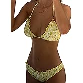 Women Sexy Triangle Bikini Set Cute Printed 2 Piece Swimsuit Y2k Ruffle Trim Bathing Suit Coquette Swimwear