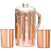 Pure Copper Jug with Lid and 2 Tumblers – Ayurvedic Water Pitcher Set with Copper Cups for Drinking and Storing Water – Handmade Drinkware
