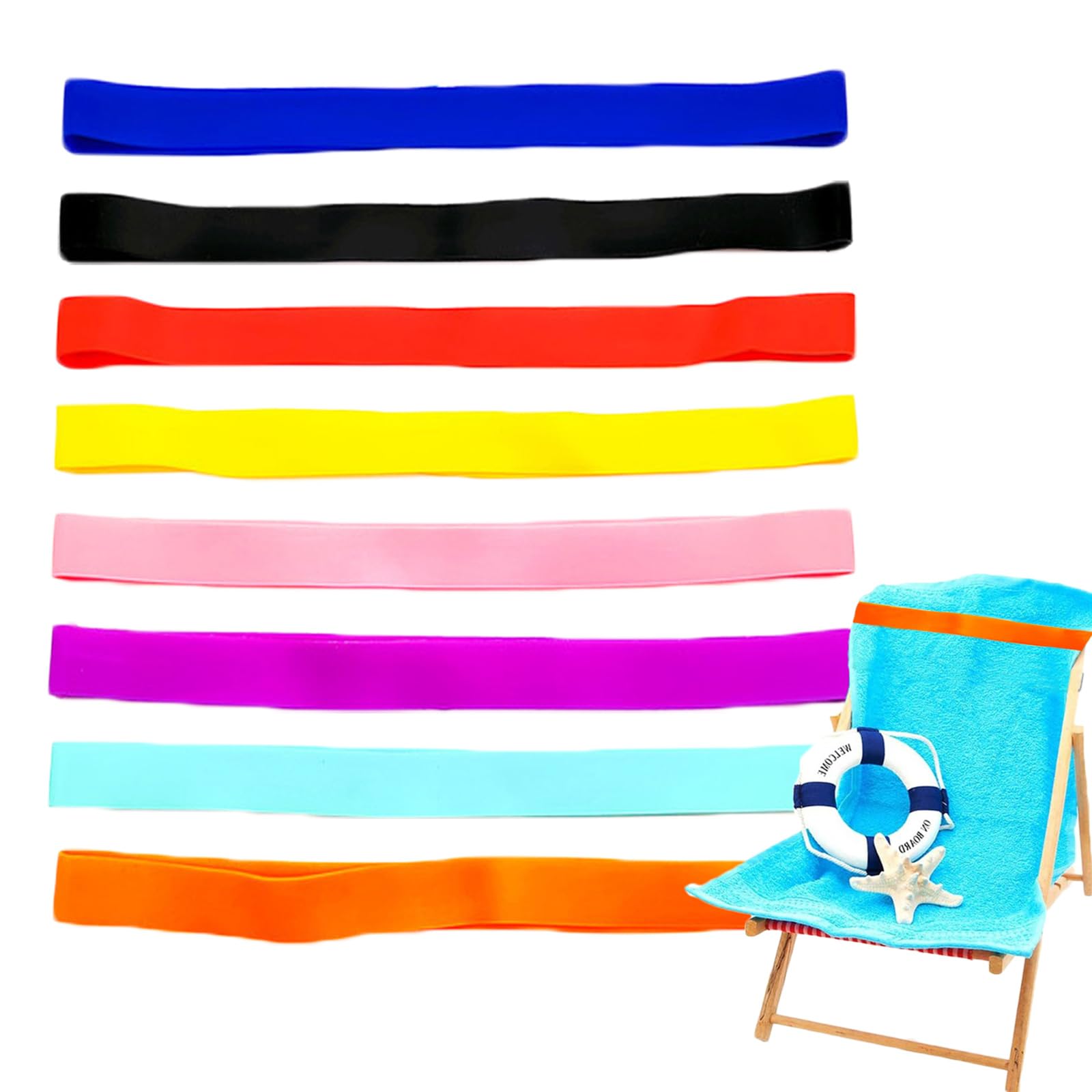 JOOTUEPO 8 PCS Towel Bands for Beach Chairs, Elastic Sunbed Towel Bands, Towel Chair Clips Stretchable Towel Holder Beach Towel Clips Pool Swim Vacation Beach Accessories