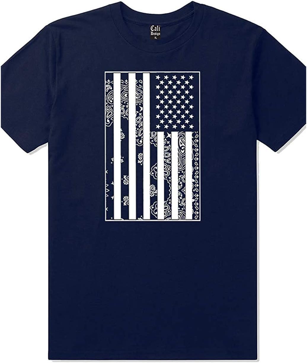 Mens Navy Bandana USA Flag T Shirt LA Crip South Side Snoop Da West Coast Tee