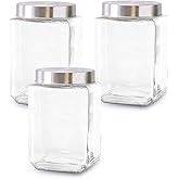 Glass Containers for Kitchen – Set of 3 Food Storage Containers – Storage Jars with Stainless Steel Lids – Suitable for Cookies, Snacks, Coffee – Screw-on Lid – 57oz Capacity